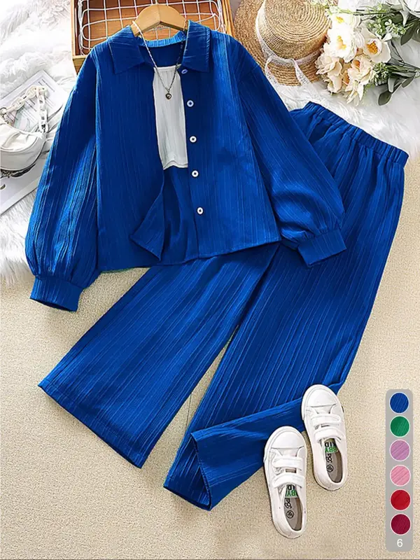 Two-Piece Set Girl's Solid Textured Button Front Shirt & Elastic Waist Pants, Casual Bishop Sleeve Collared Top & Trousers fo...