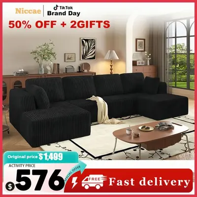 [3 Packs Shipped] [2 Free Pillows] Niccae Large U-Shaped Sectional Sofa, Compressed Corduroy, Modern Living Room Sleeper Sofa...