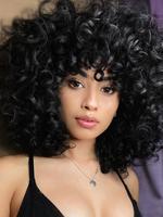 Women's 14 Inch Long Coily Wigs with Bangs, Retro Fashion Gorgeous Fluffy Wigs for Party, Cosplay and Daily Wear, Holiday Dre...