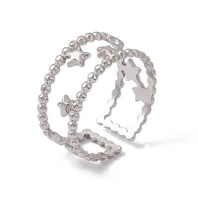 Non-Tarnish 304 Stainless Steel Stars Double Line Open Cuff Ring for Women