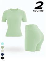 Women's Solid Color Short Sleeve Tee & High Waist Shorts Set, Casual Sporty Round Neck T-shirt & Skinny Shorts, Ladies Summer...