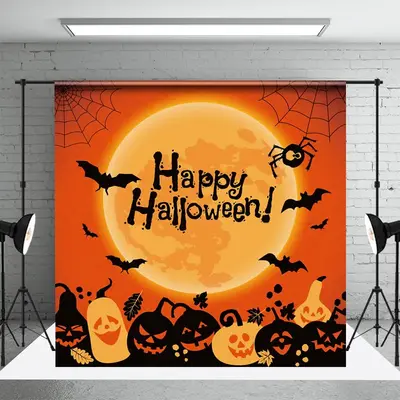 Aperturee Moon Bats Black Orange Pumpkin Halloween Backdrop - Aperturee