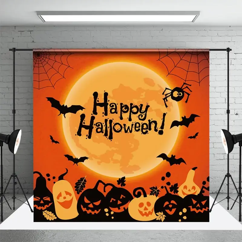 Aperturee Moon Bats Black Orange Pumpkin Halloween Backdrop - Aperturee