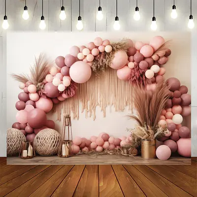 Pink Balloons Arch Boho Girls Birthday Backdrop - Aperturee