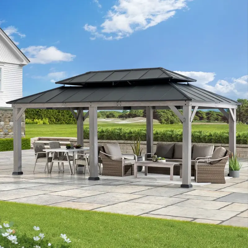 SUNJOY 12x20 Aluminum Hardtop Gazebo with Dual Rails and Ceiling Hook - Driftwood Cedar