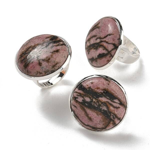 Natural Rhodonite Round Adjustable Rings