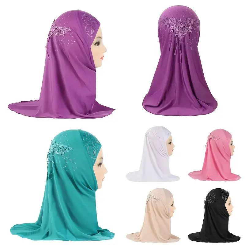 1pc Girls' Hijab with Lace and Rhinestone Embellishments, All-Season Knit Fabric Polyester 100%, Machine Washable - Middle Ea...