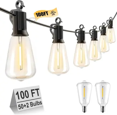 Brightown Outdoor String Lights LED Patio Lights with Shatterproof ST38 Dimmable Vintage Edison Bulbs, Waterproof Outside Han...