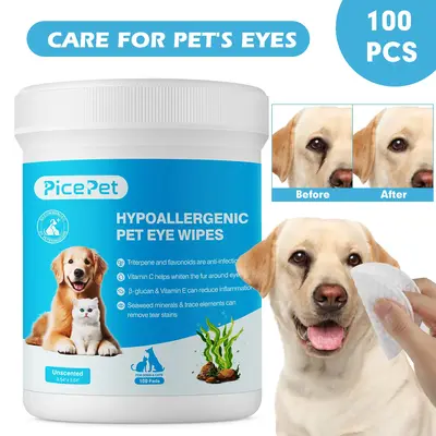 Pet Eye Wipes 100pcs Hypoallergenic Grooming Wipes for Dog & Cats, Clean Plant-based Tear Stain Remover Remedy for Discharge,...