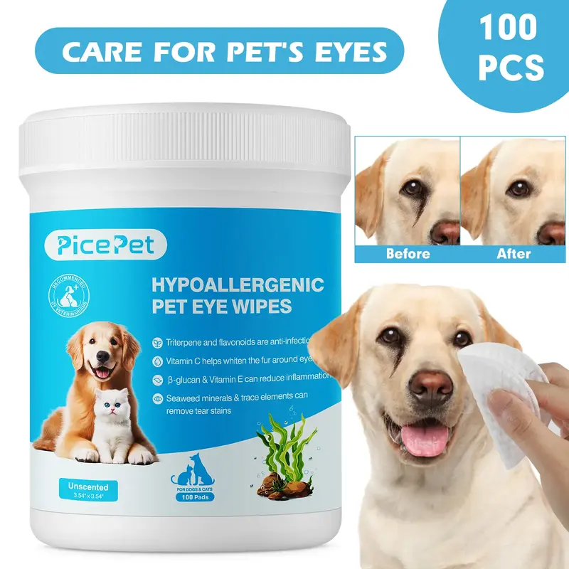 Pet Eye Wipes 100pcs Hypoallergenic Grooming Wipes for Dog & Cats, Clean Plant-based Tear Stain Remover Remedy for Discharge,...