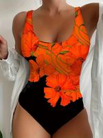 Women's Floral Print One-Piece Swimsuit, High Stretch Casual Comfy U Neck Sleeveless Swimwear for Beach Holiday Vacation, Lad...
