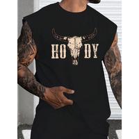Men's Summer Sports Casual Bull Skull Printed Tank Top, Sleeveless Graphic Black Workout Tank Top Streetwear Cotton