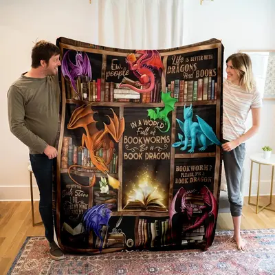 Book & Dragon Pattern Blanket, Modern Style Soft Comfortable Warm Throw, Washable Air-conditioned Room Nap Blanket for Home &...