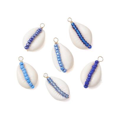 6Pcs 6 Styles Natural Cowrie Shell & Glass Seed Beads Pendants