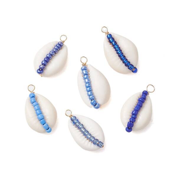 6Pcs 6 Styles Natural Cowrie Shell & Glass Seed Beads Pendants