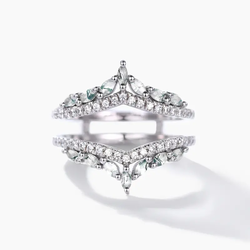 Marquise Moss Agate Chevron Wedding Ring Guard Wedding Band for Women