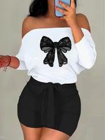 Women's Bow Print Off Shoulder Top & Skinny Shorts Two-Piece Set, Casual Fashion Cozy Top & Shorts for Daily Outdoor Wear, La...