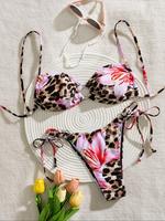 Two-piece Set Women's Floral Bikini Top & Leopard Print Bikini Set, Casual Fashion Chic Swimsuit Set for Beach Holiday Vacati...