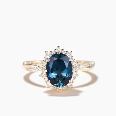 Oval Cut Natural London Blue Topaz Wedding Ring Diamond Halo Twisted Ring