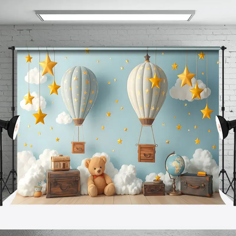 Aperturee Blue Night Stars Hot Air Balloon Cake Smash Backdrop, 3X2FT(1MX0.6M), 14 USD, birthday cake smash backdrops, NYHD1I...