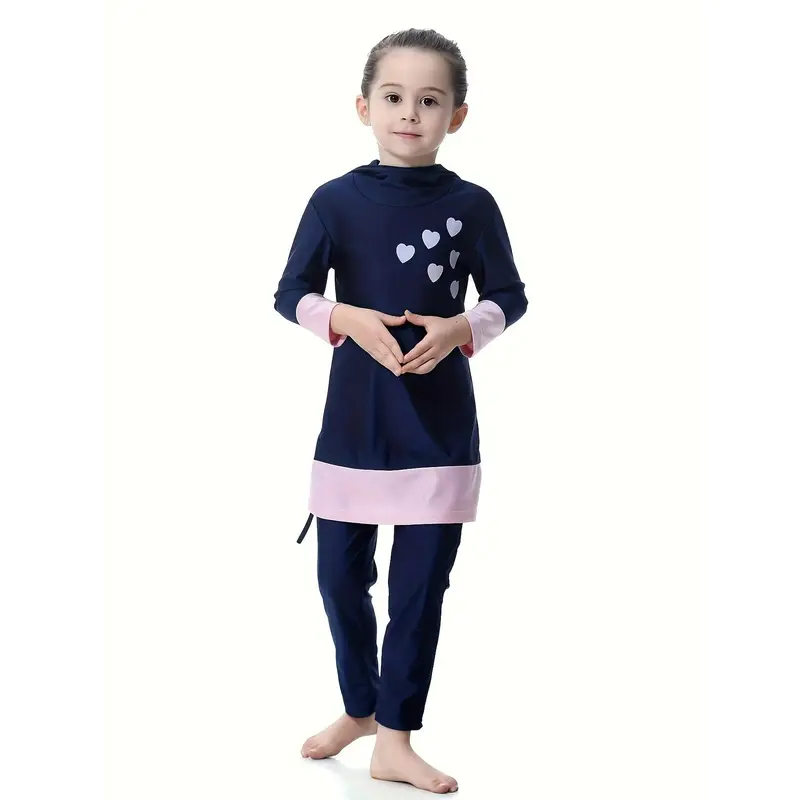 Muslim Conservative Girls Youngsters Long Sleeve Long Pants Contrast Color Love Hooded Swimsuit Set Two-piece Set