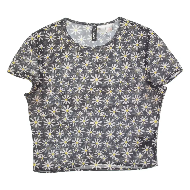H&M DIVIDED Mesh Sheer Womens Printed Top Blue Floral M