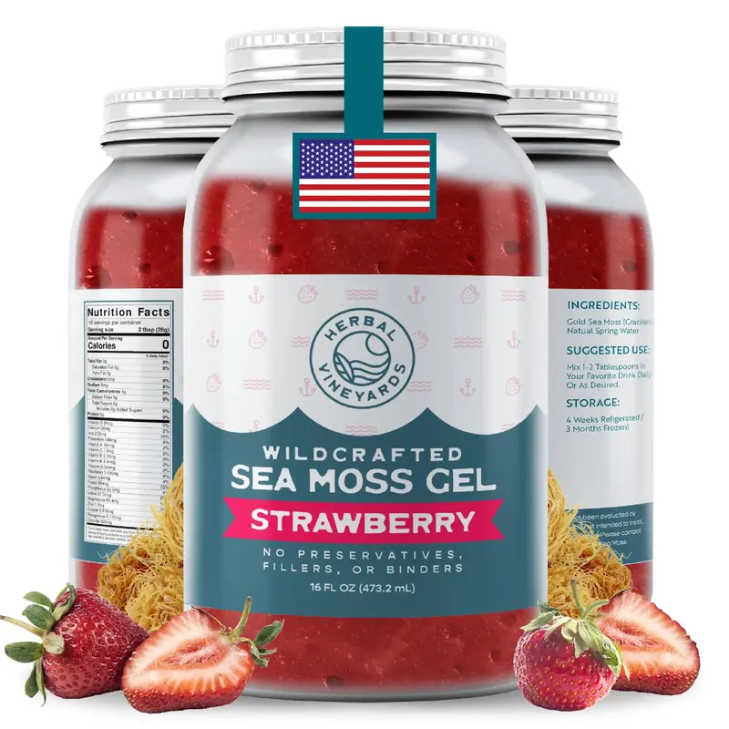 Herbal Vineyards Wildcrafted Strawberry Sea Moss Gel 16 Oz Jar - Made with Dried Seaweed & Fresh Sea Vegetables, Seamoss - Ma...