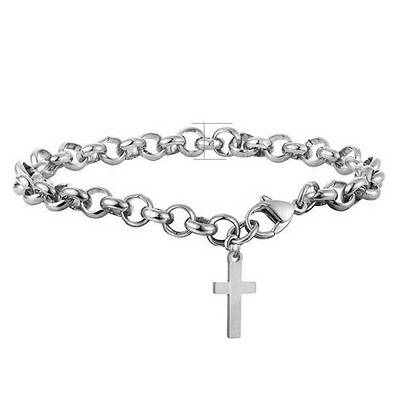Tarnish Resistant Stainless Steel Cross Charm Bracelet with Rolo Chains for Easter