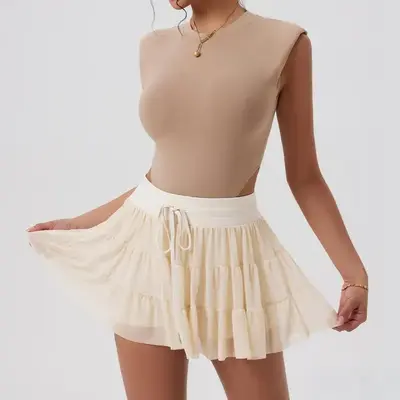 9/10 Length Women's High Waist Sexy A-Line Skirt Fashion Elastic Round Mesh Skirt with Pockets Drawstring Adjustable Waistban...