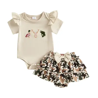 Baby Girl Summer Clothes Duck Embroidery Print Short Sleeves T-Shirt Camouflage Shorts 2 Piece Outfits Set Coming Home Outfit...