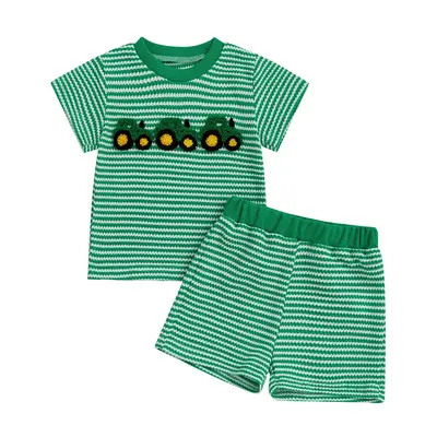 Toddler Baby Boys Shorts Set Short Sleeve Embroidery Tractor T-shirt with Striped Shorts Summer Outfit