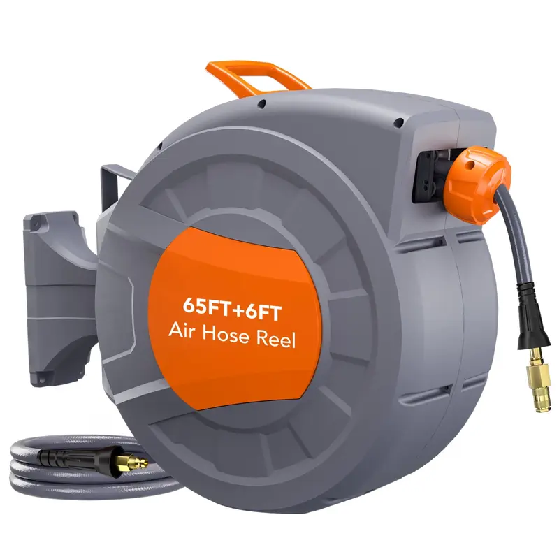 Garvee Retractable Air Hose Reel - 65 FT x 3/8 IN with 6 FT Lead in Max 300 PSI, 180° Swivel Bracket Wall Mount Hybrid Air C...
