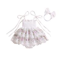 Newborn Baby Girl Summer Outfits Tie-up Embroidery Flower Romper Dress with Headband Clothes