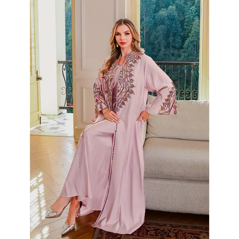 Women'S Embroidered Abaya Dress, 100% Polyester Long Sleeve Loose Fit, Geometric Pattern, Non-Stretch Woven Fabric, 200g/m²,...