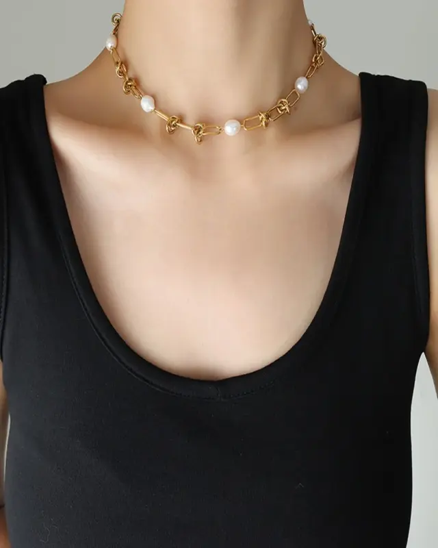 18K Pearl Chain Necklace with Knots