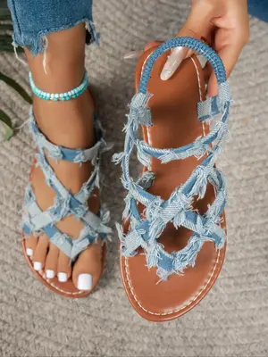 Women's Fashionable Denim Design Crossed Strap Sandals, Casual Light Blue Open Toe Stylish Elegant Sandals for Summer, Lightw...