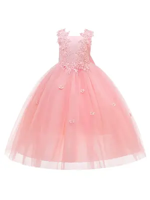 Girl's Floral Appliques Embroidery Faux Pearls Big Bow Decor Contrast Mesh Tulle Dress, Elegant Sleeveless Round Neck Zipper ...