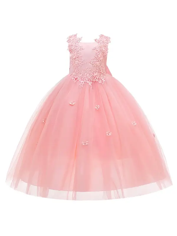 Girl's Floral Appliques Embroidery Faux Pearls Big Bow Decor Contrast Mesh Tulle Dress, Elegant Sleeveless Round Neck Zipper ...
