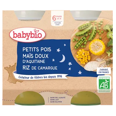 Babybio Dinner Pots - 6 months and more - Peas, Sweet Corn, Rice - ORGANIC 2x200 g