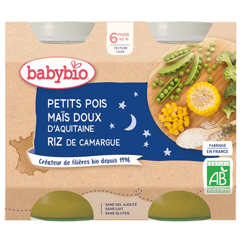 Babybio Dinner Pots - 6 months and more - Peas, Sweet Corn, Rice - ORGANIC 2x200 g