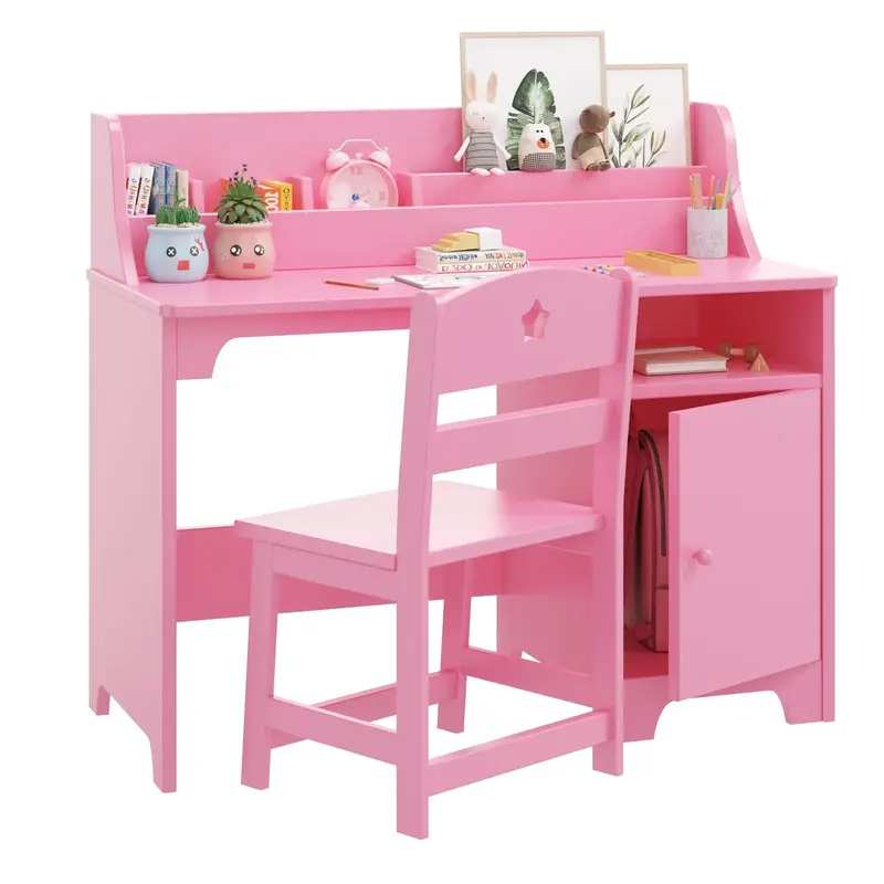 Garvee Kids Study Desk with Chair, Wooden Children Study Table, Kids Desk & Chair Sets with Hutch and Storage Cabinet for 3-1...