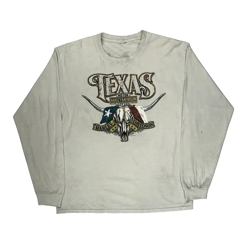 Texas Harley Davidson Graphic Long Sleeve T-Shirt - Large Cream Cotton