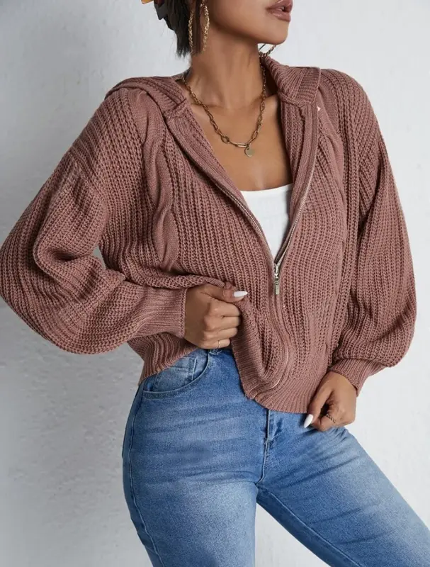 Textured Drop Shoulder Zip Up Hooded Cardigan, Casual Long Sleeve Cardigan Sweater, 2024 Women's Autumn & Winter Clothes for ...