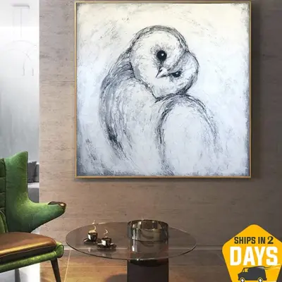 Large Barn Owl Monochrome Artwork White Owl Painting On Canvas Creative White and Black Bird Handmade Abstract Wall Art Decor...