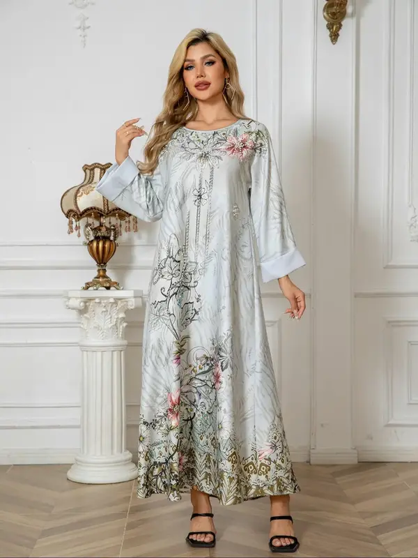 Women's Floral Print Long Sleeve Dress, Elegant Round Neck Long Dress for Party Holiday Wedding, Ladies Clothes for All Seaso...