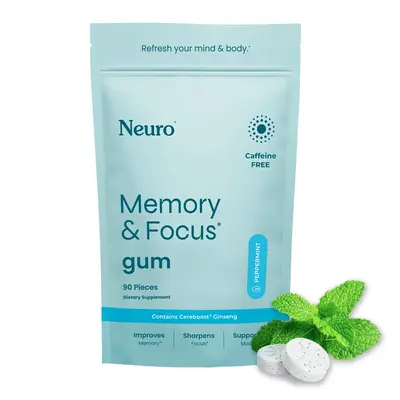 Neuro Memory & Focus Decaf Gum with American Ginseng (90 Pieces) - Sugar Free Nootropic Brain Supplements with L theanine, Gi...