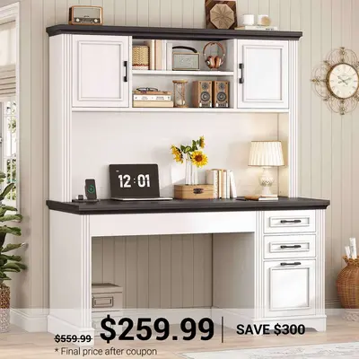 SEDETA | 47.2 Inch Executive Desk Farmhouse Computer Wood Table with Storage Drawers Hutch Cabinet White Home Office Furnitur...