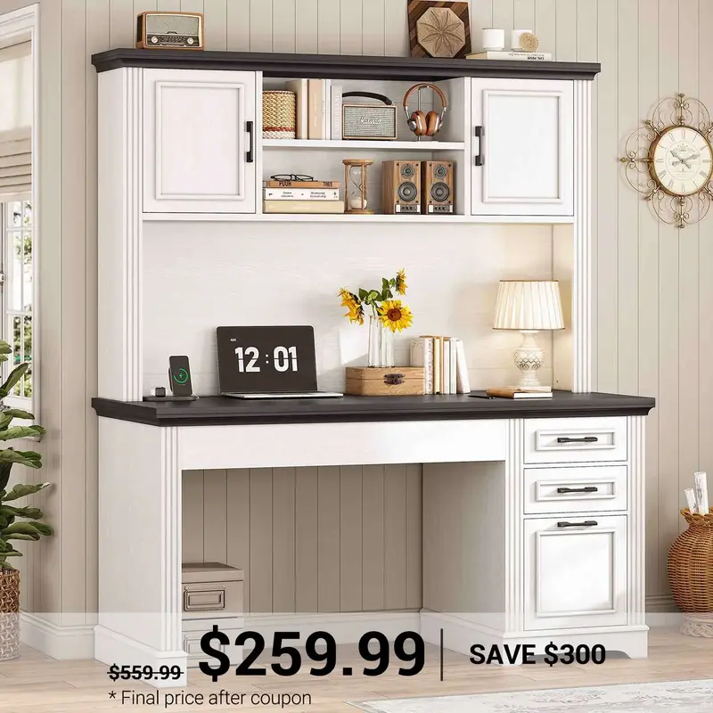 SEDETA | 47.2 Inch Executive Desk Farmhouse Computer Wood Table with Storage Drawers Hutch Cabinet White Home Office Furnitur...