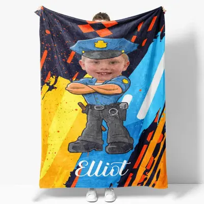 Personalized Photo Cartoon Hug Policeman Boy Blanket - Lofaris