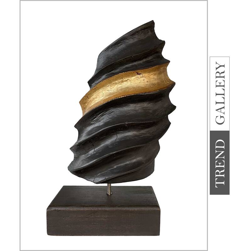 Abstract Ribbed Oval Wood Sculpture Black Table Statue Original Wood Figurine Desktop Art for Room | GOLDEN RATIO 15.8"x...